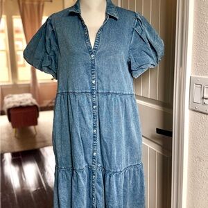 G by Giuliana Washed Blue Denim Tiered Midi Dress with Puff Sleeves